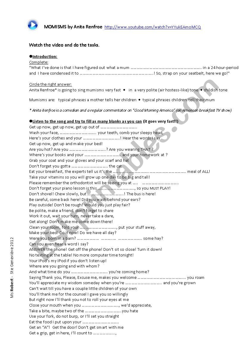 Momisms worksheet