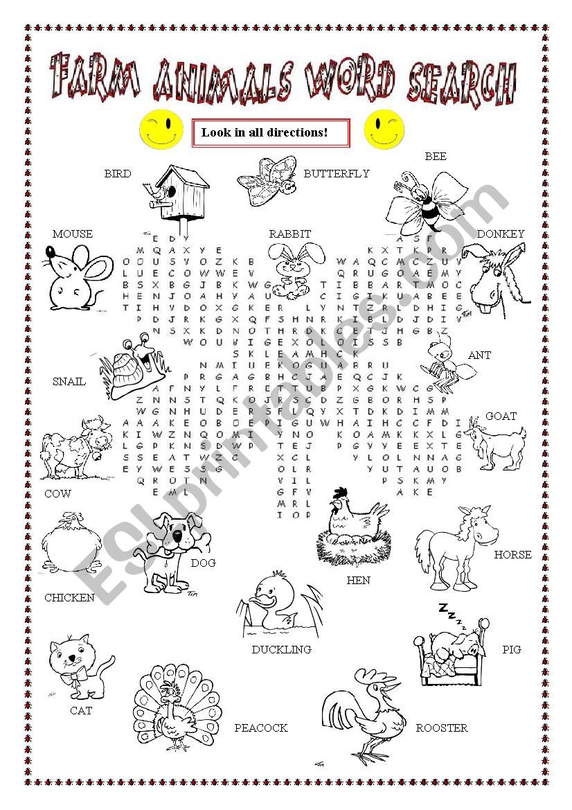 Farm animals Word search worksheet