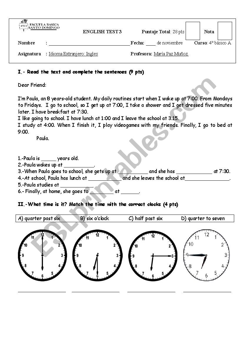 Daily routines worksheet