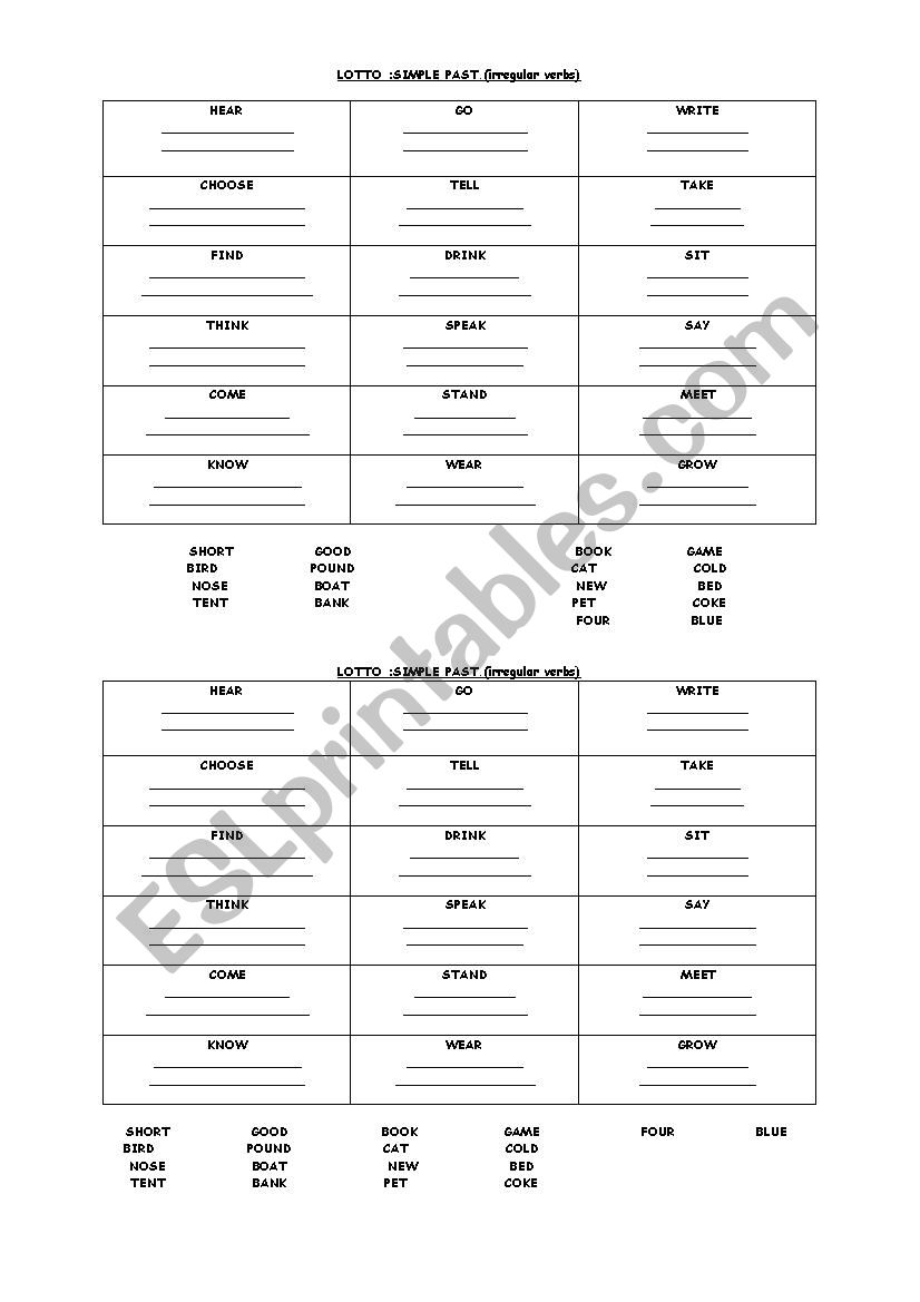 lotto irregular verbs worksheet