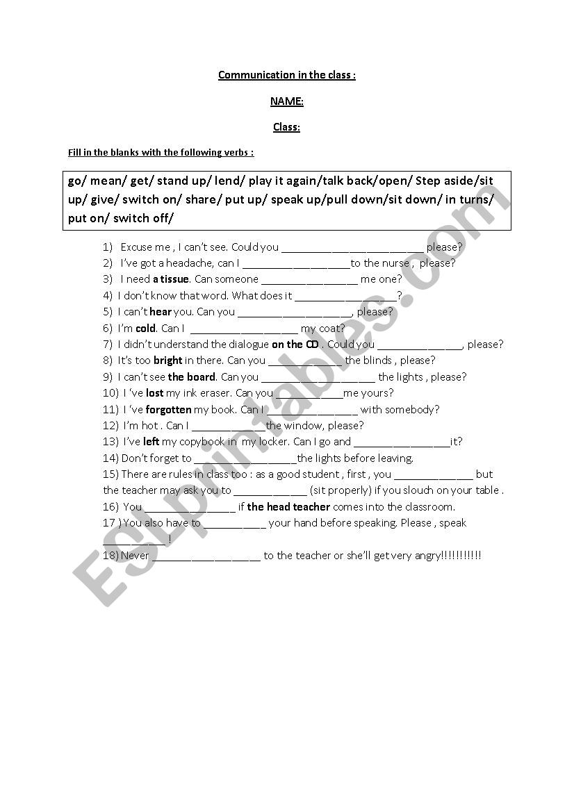 communication in the class worksheet