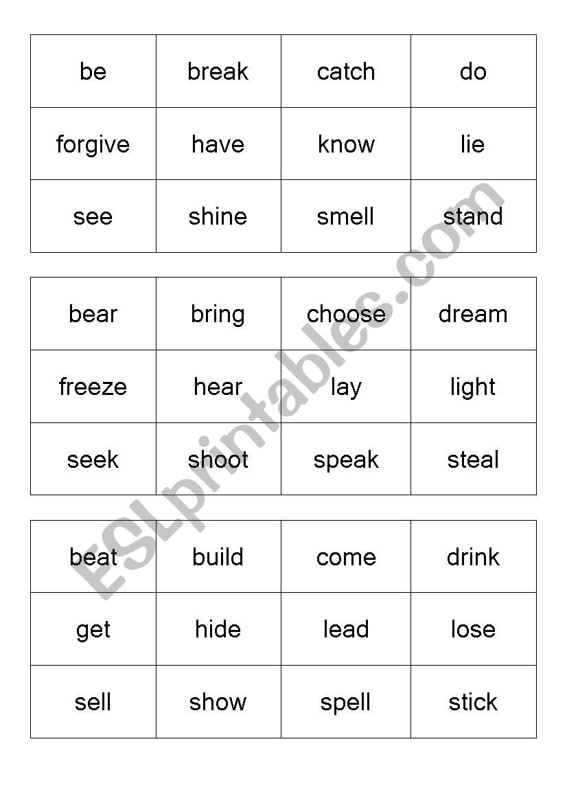 Irregular Verbs Bingo (past simple and past participle forms)