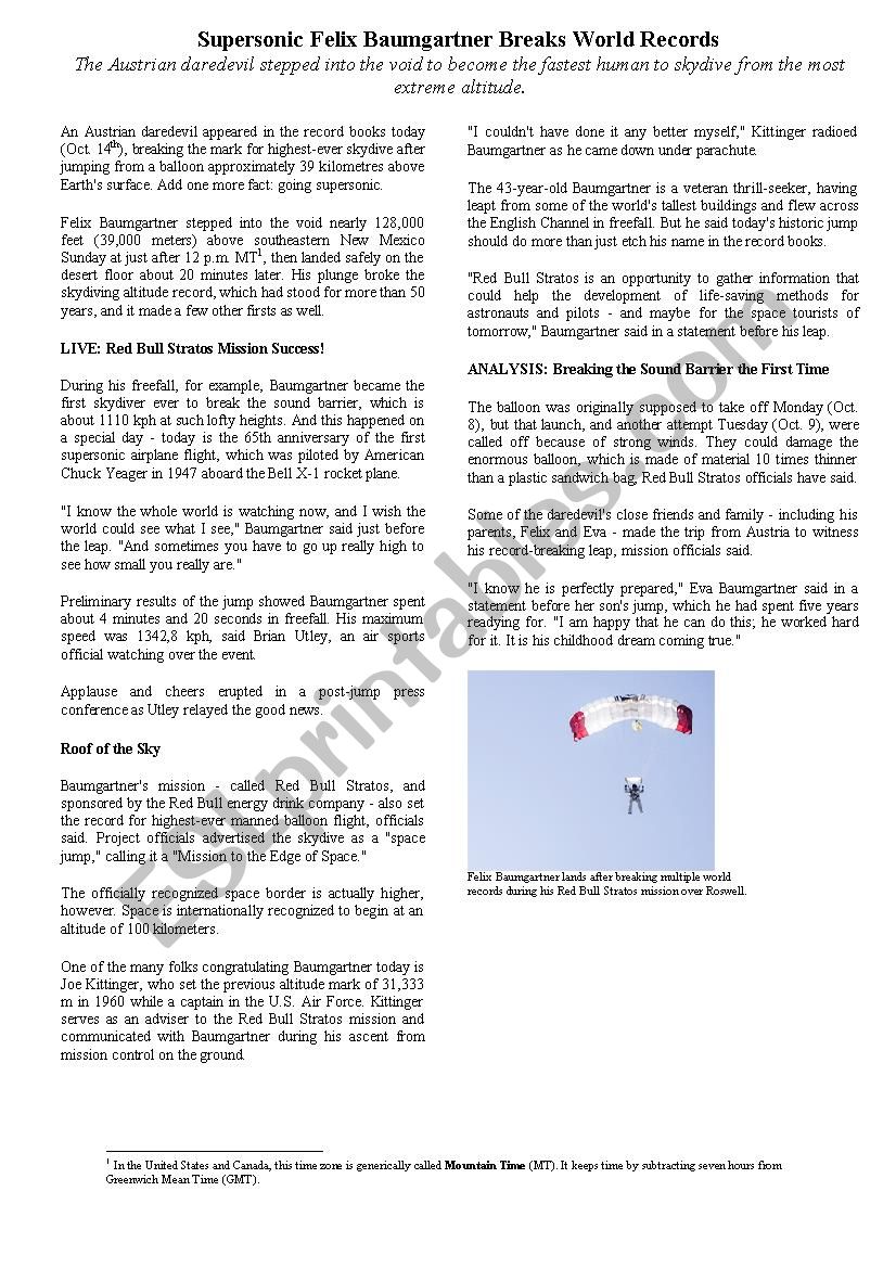 Supersonic jump - reading worksheet