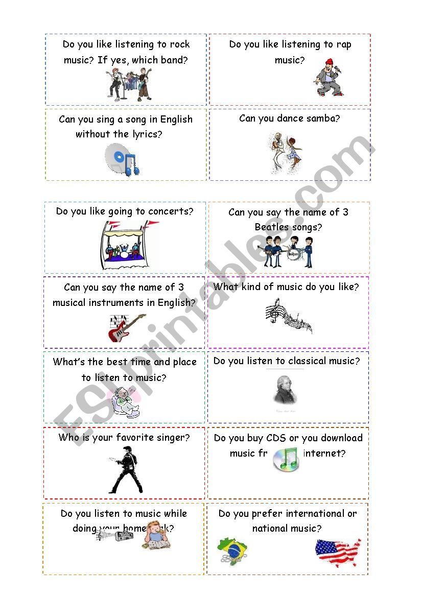 conversation cards - music worksheet