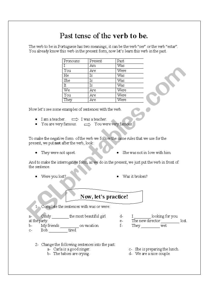 past to be worksheet