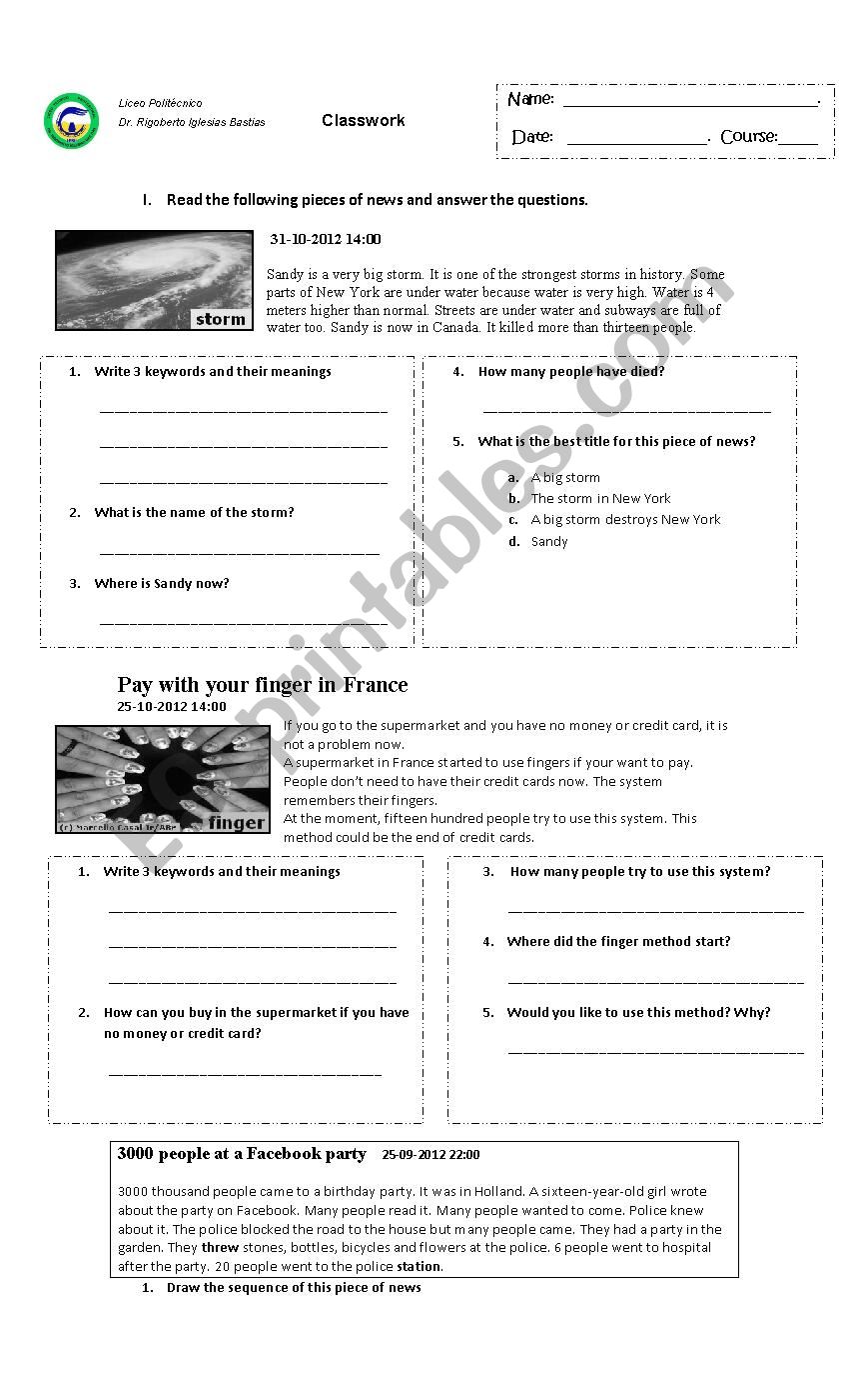  news reading comprehension worksheet