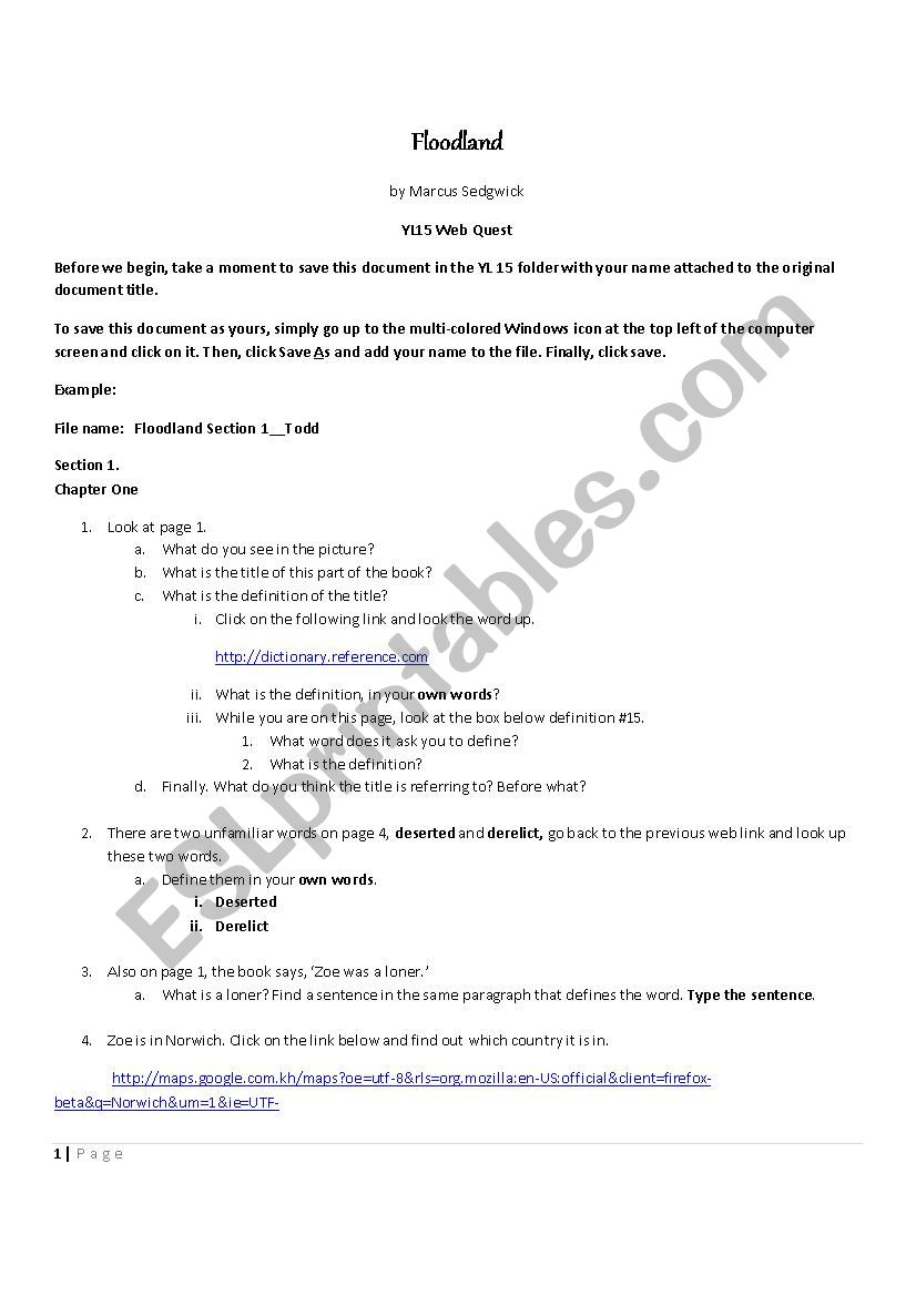 Floodland....a study guide worksheet