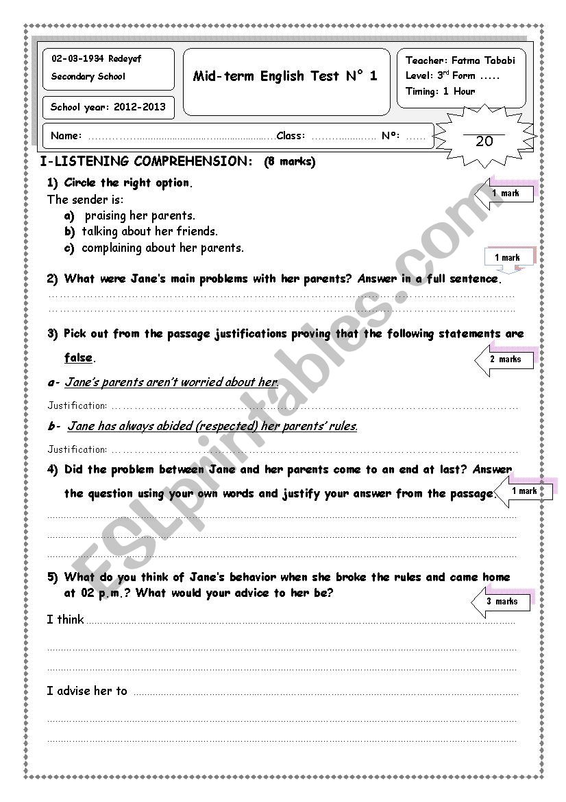 Mid-term English Test N 1 3rd Form 