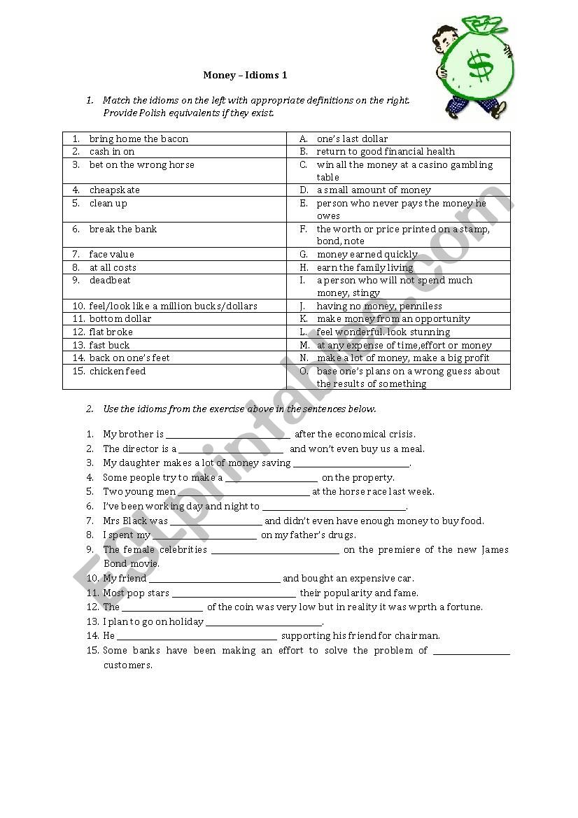 Money - idioms (A-F) worksheet