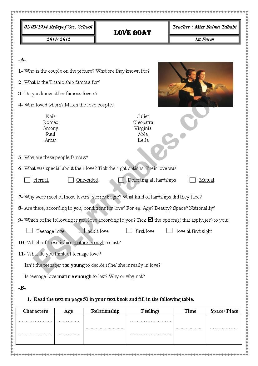 Love Boat 1st form worksheet
