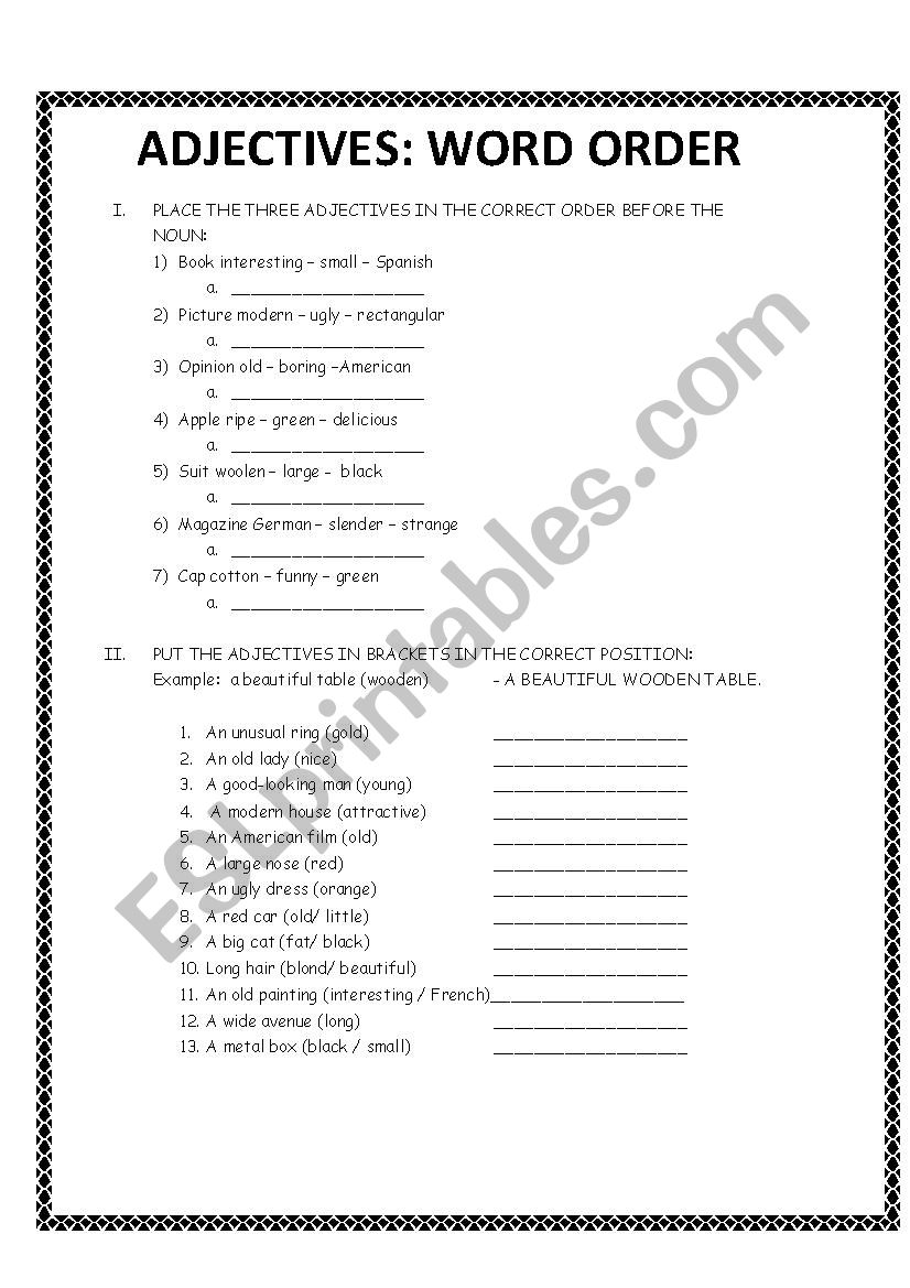 adjectives: word order worksheet