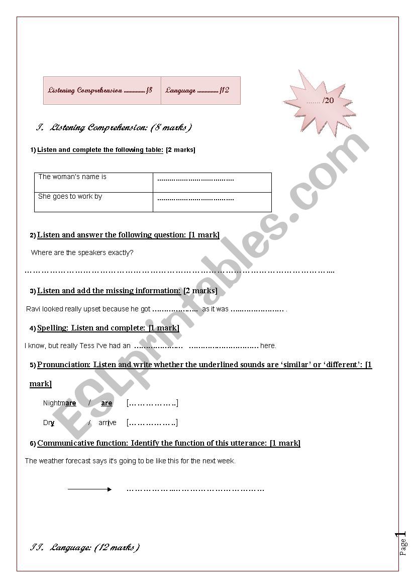 Listening comprehention test worksheet