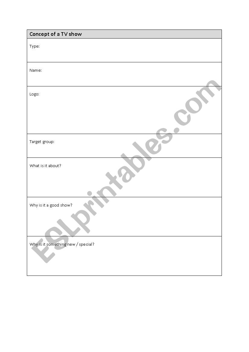 Concept of a TV show worksheet