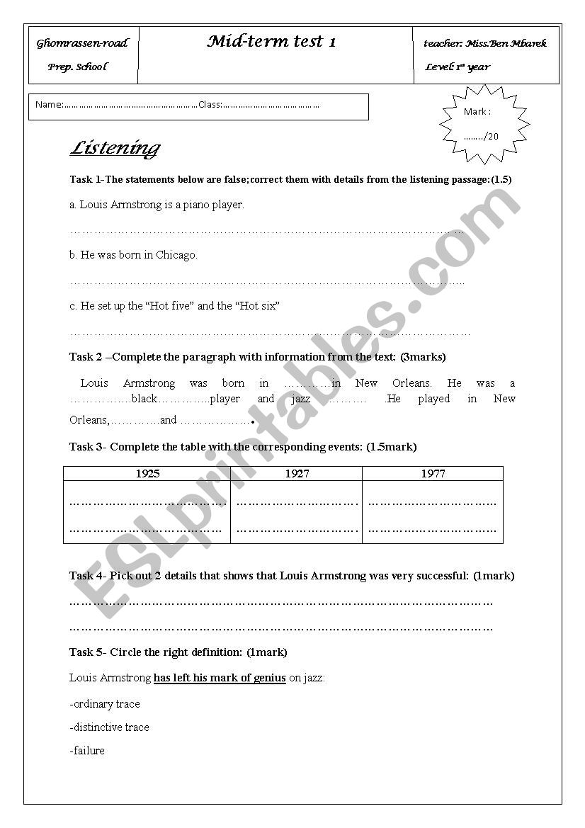 1st year mid-term test worksheet