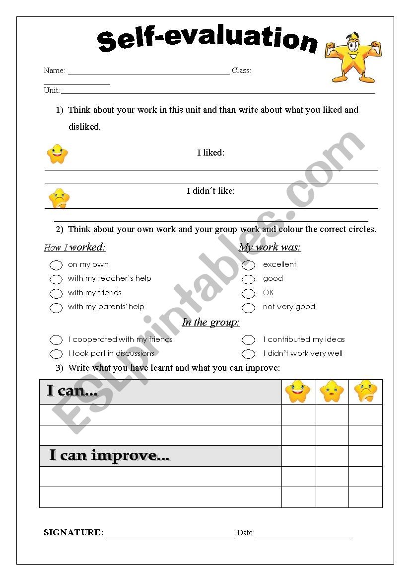 Unit self-evaluation worksheet