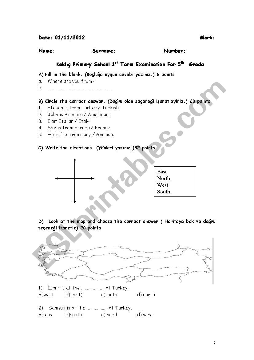 exam for 5 grade students worksheet