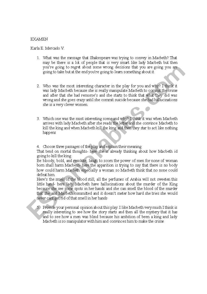 exam worksheet