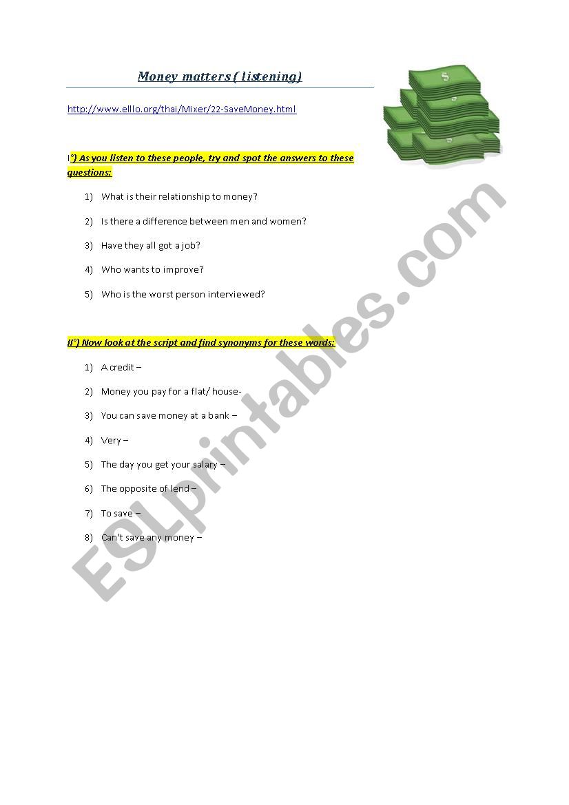 Money matters listening worksheet