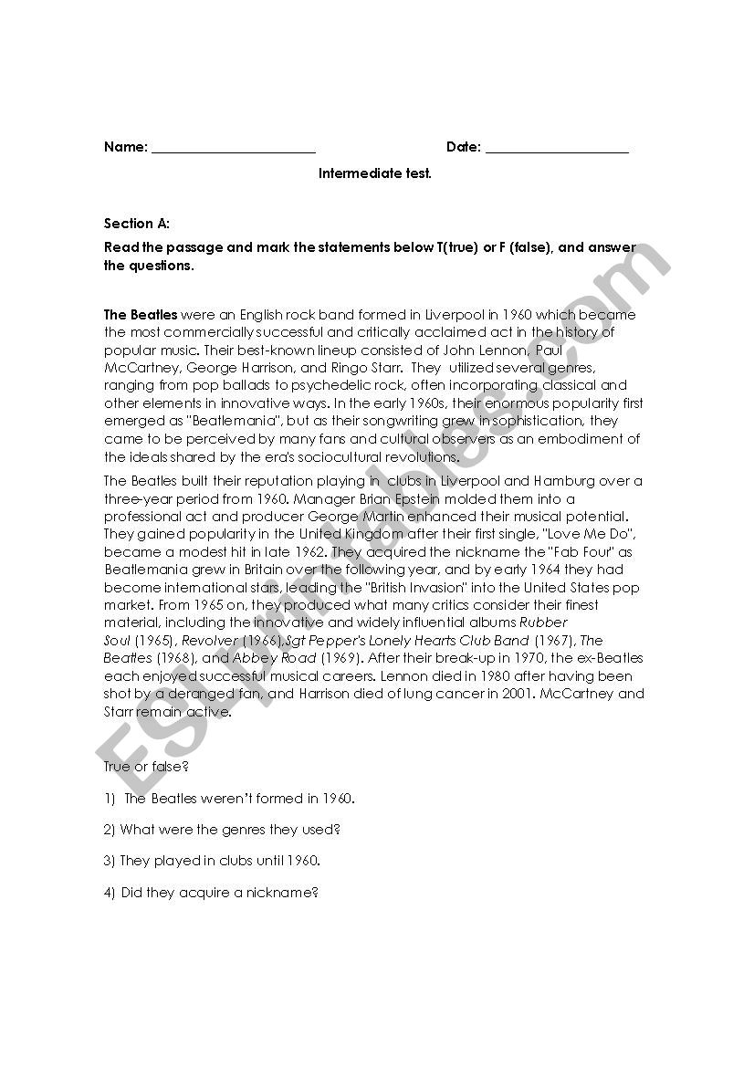 Intermediate test worksheet