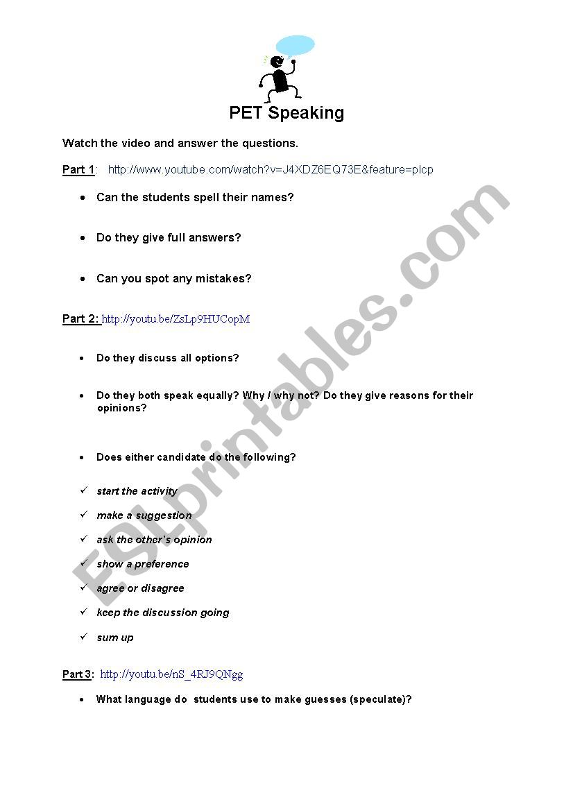 PET SPEAKING VIDEO ANALYSIS worksheet