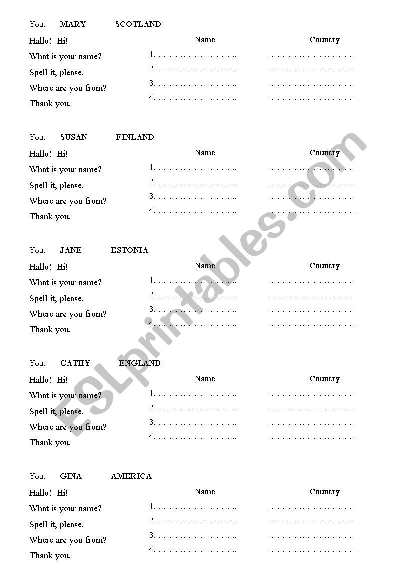 Speaking task (names and countries)