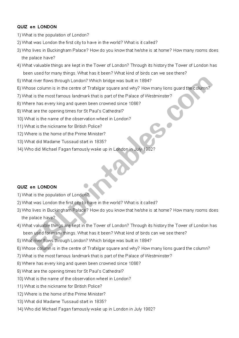 quiz on London worksheet