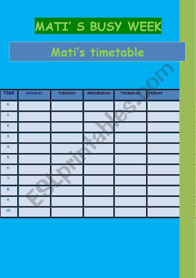 MatiÂ´s school timetable worksheet