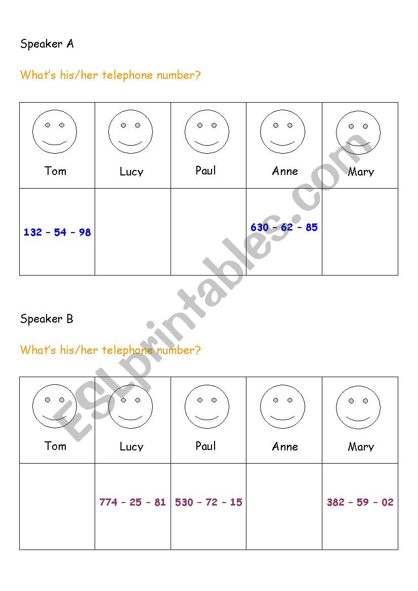 numbers practice role play worksheet