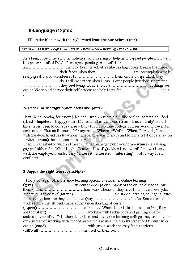 TESTS worksheet