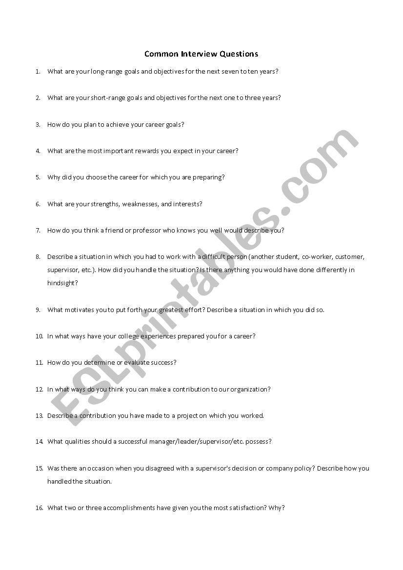 Interview Questions worksheet