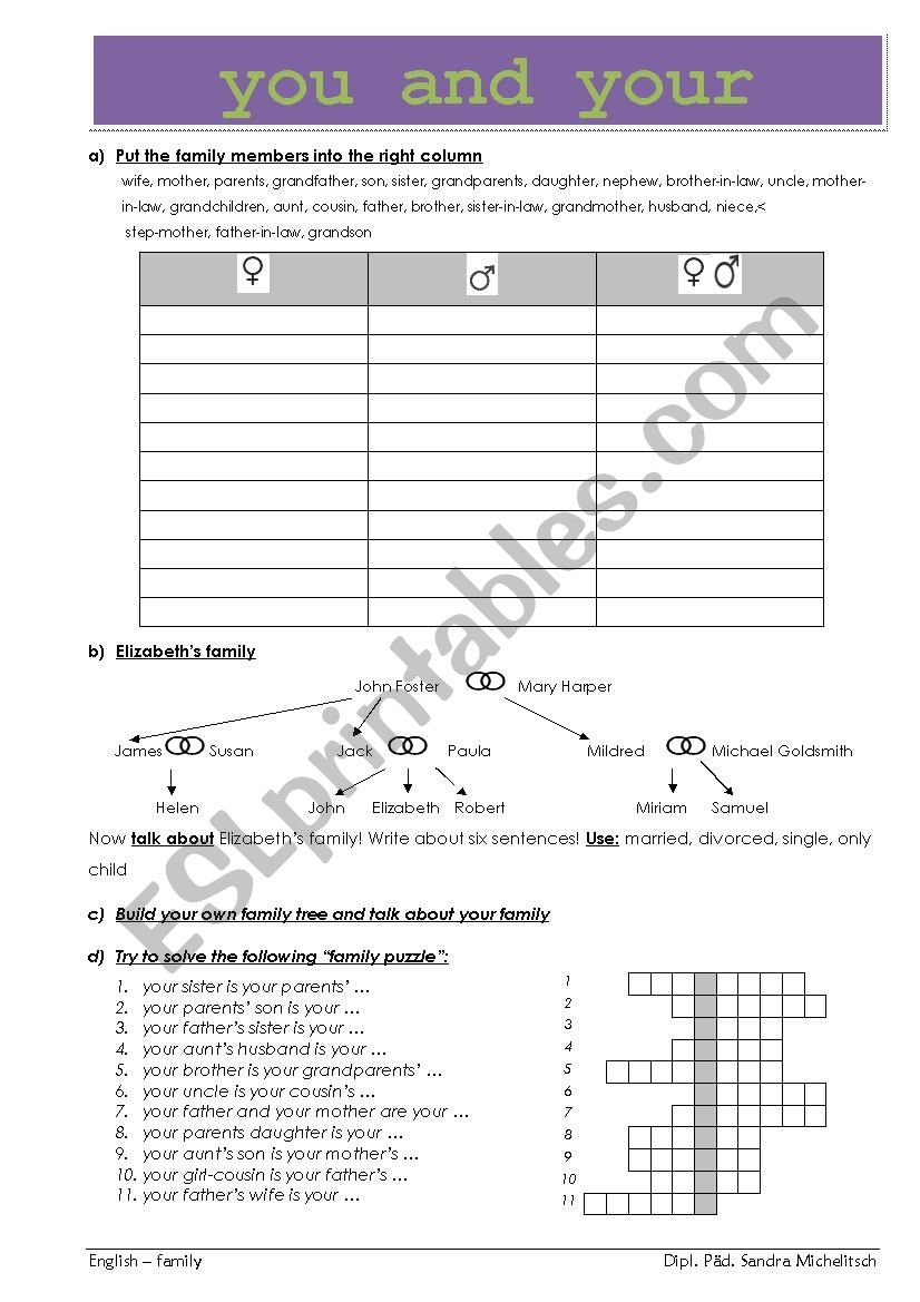 Family puzzle and quiz worksheet