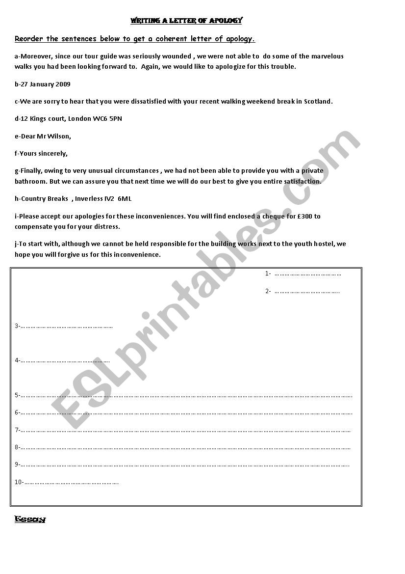 Writing a letter of apology worksheet
