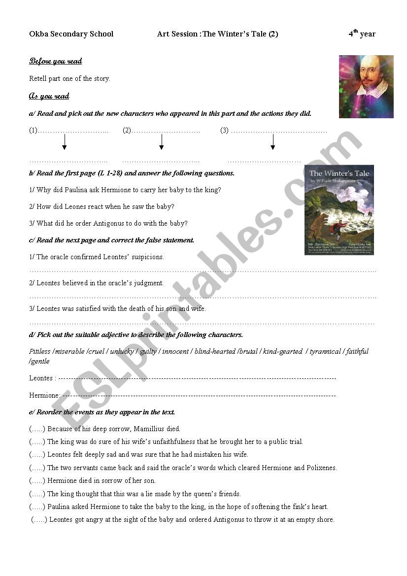 The Winters Tale (Part 2) worksheet