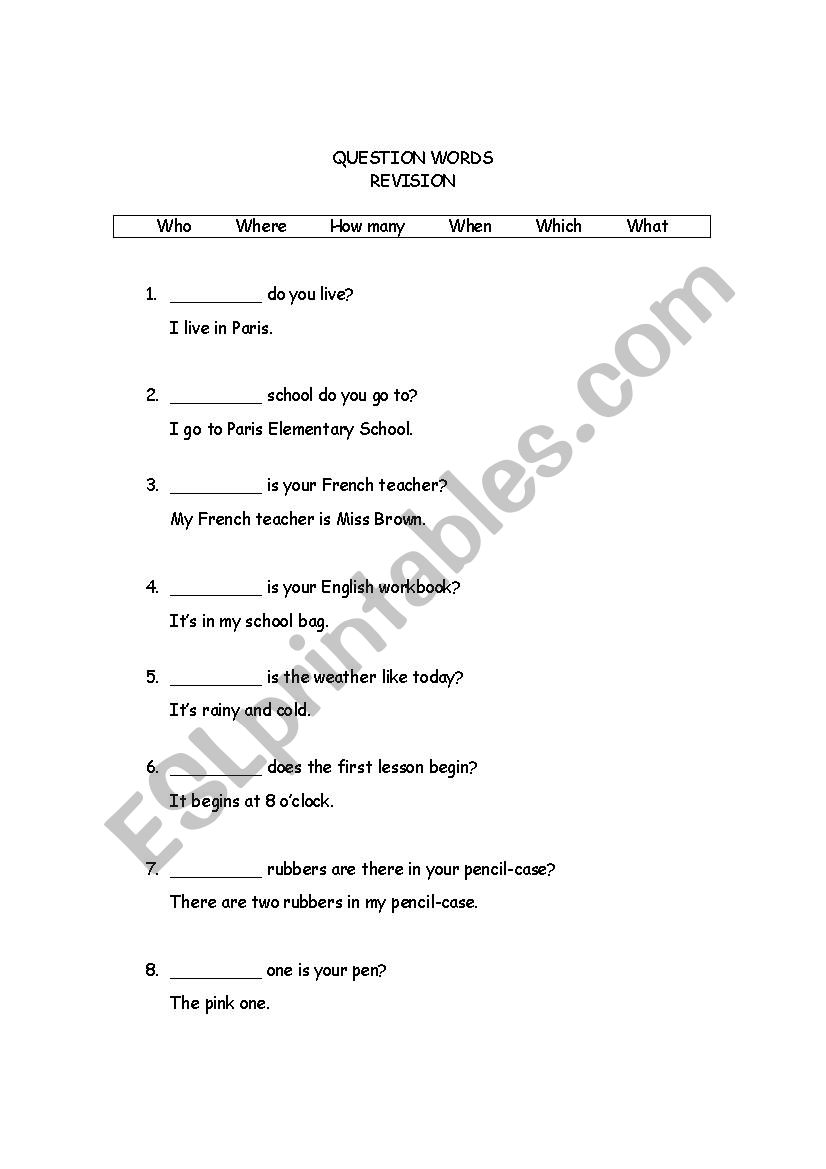 QUESTION WORDS REVISION  worksheet