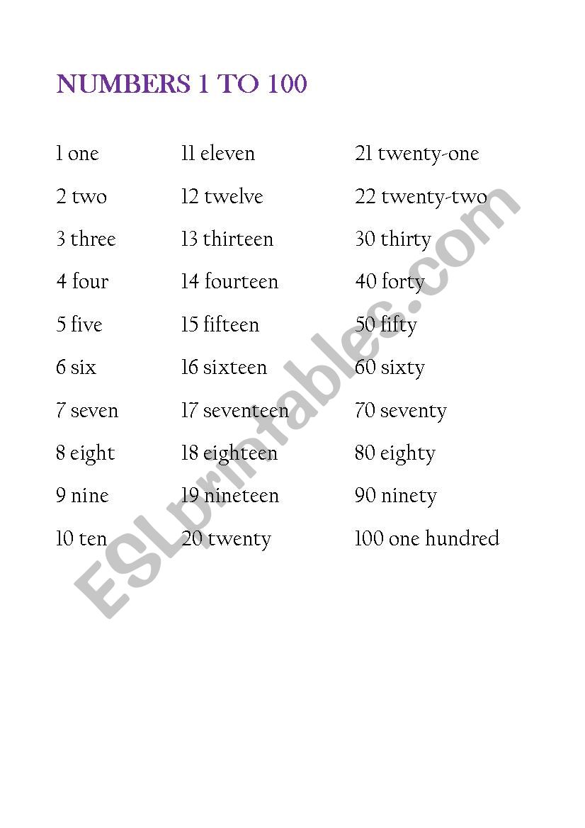 Numbers 1 to 100 worksheet