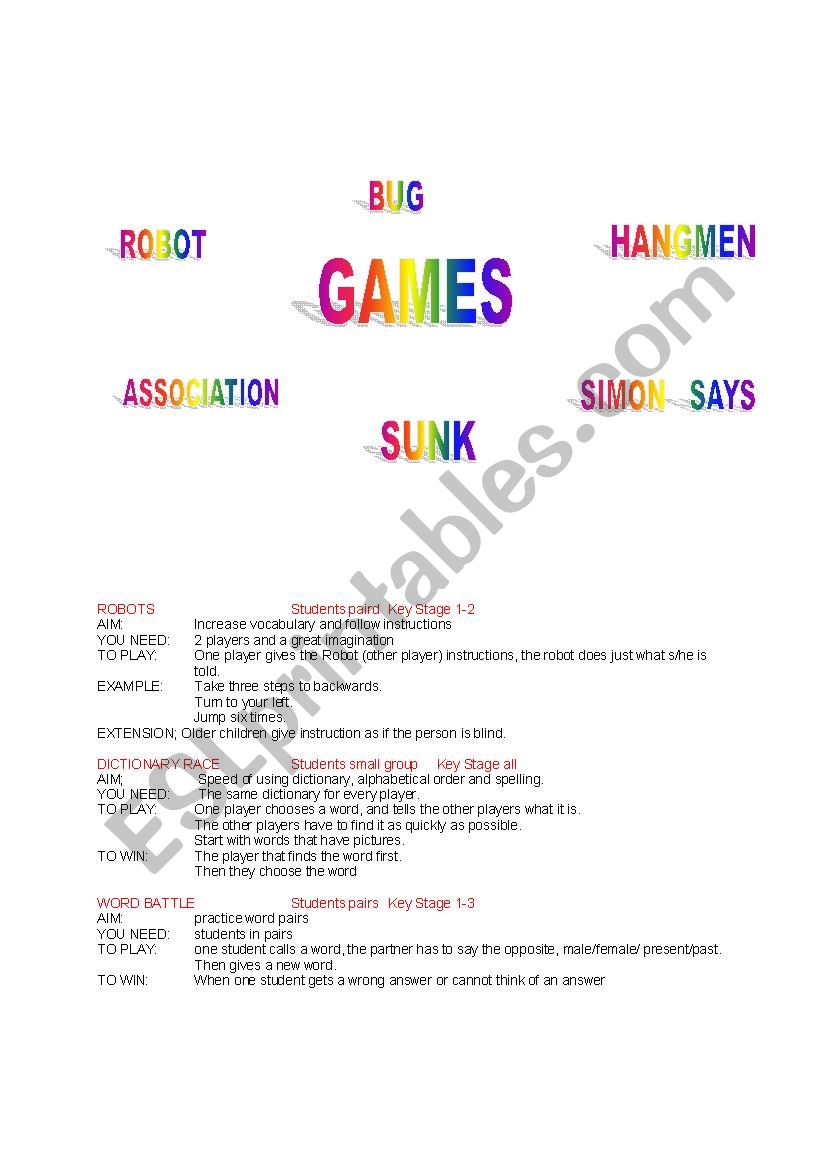 Games for fun and learning worksheet