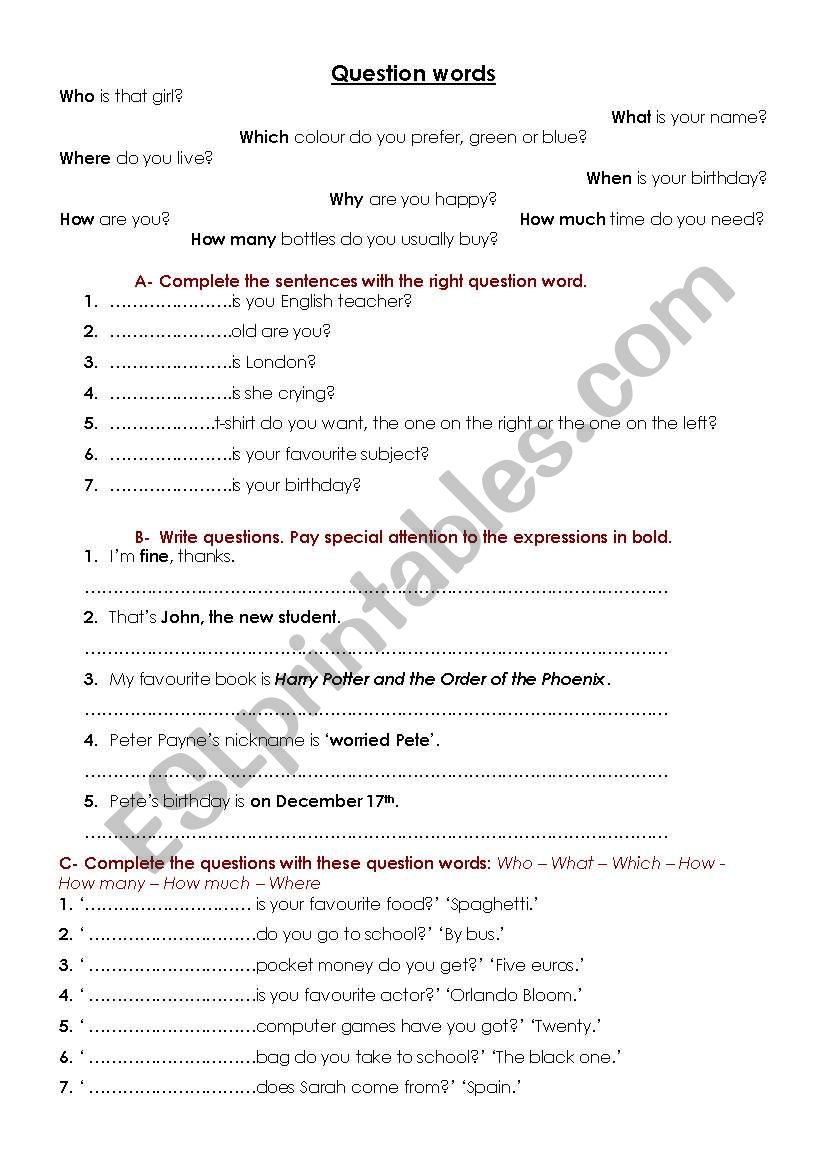 Question words worksheet