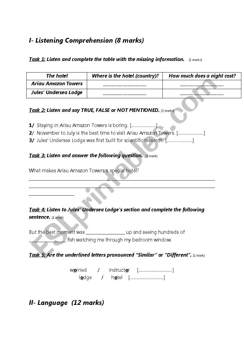 Language + listening worksheet