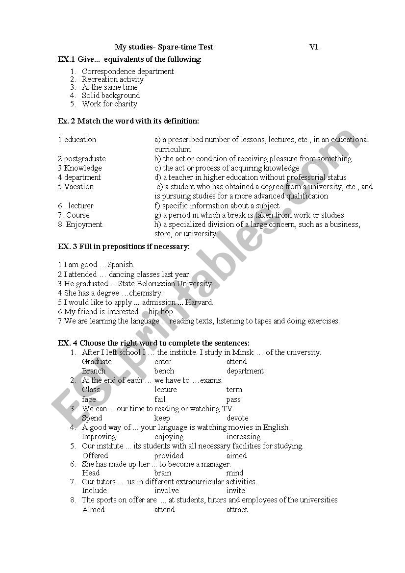 Lexical test on topics 