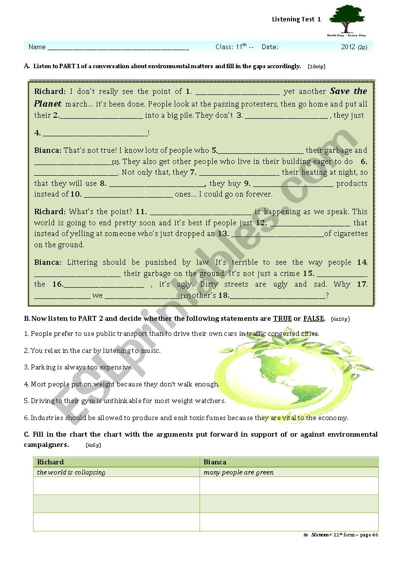 environment listening test  worksheet