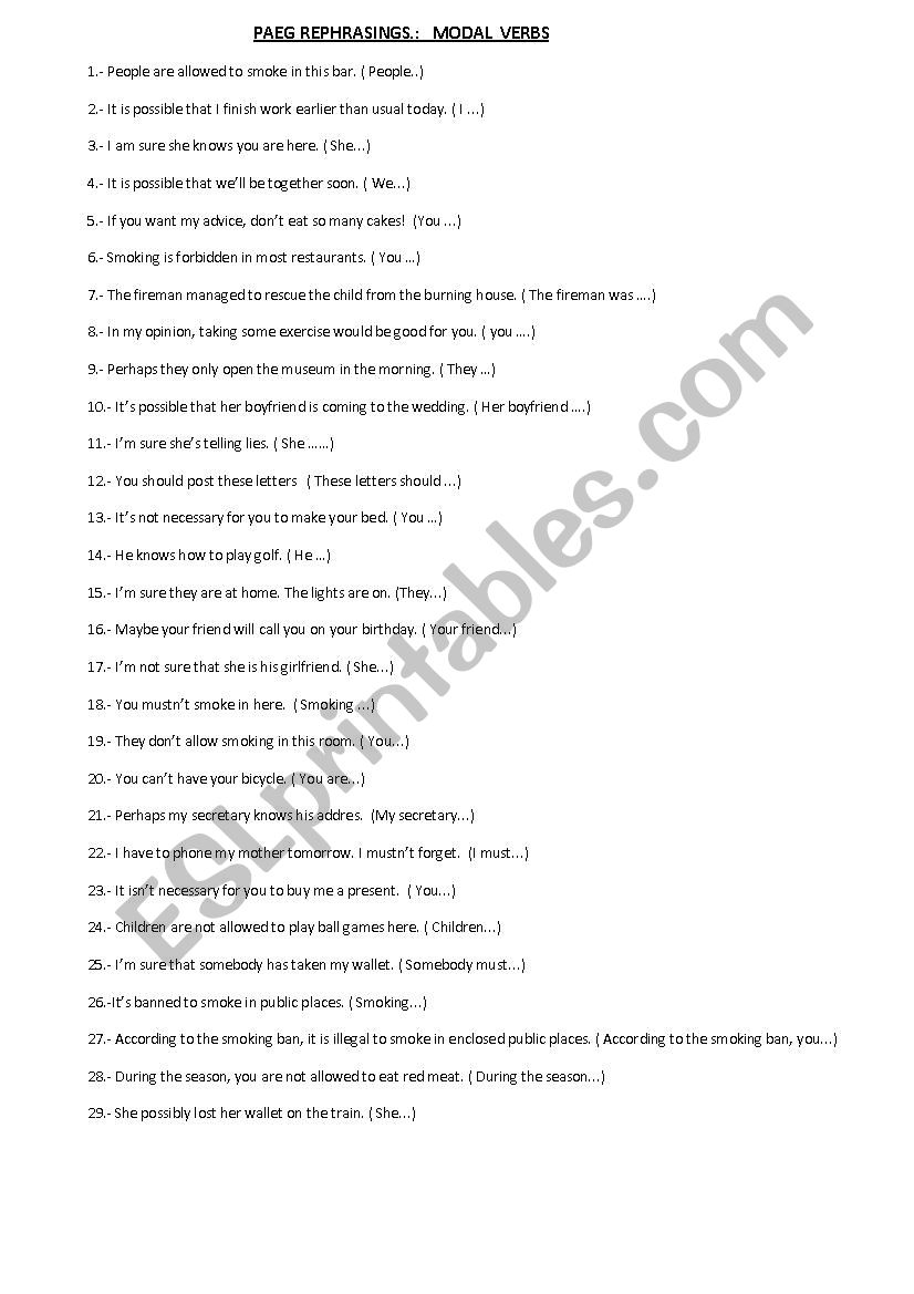 PAEG REPHRASINGS: MODALS worksheet