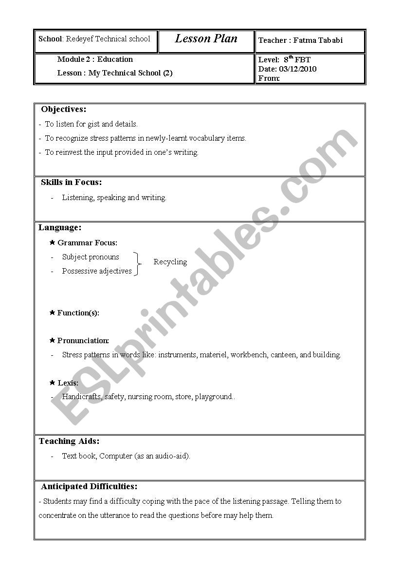 Sample of listening lesson with lesson plan