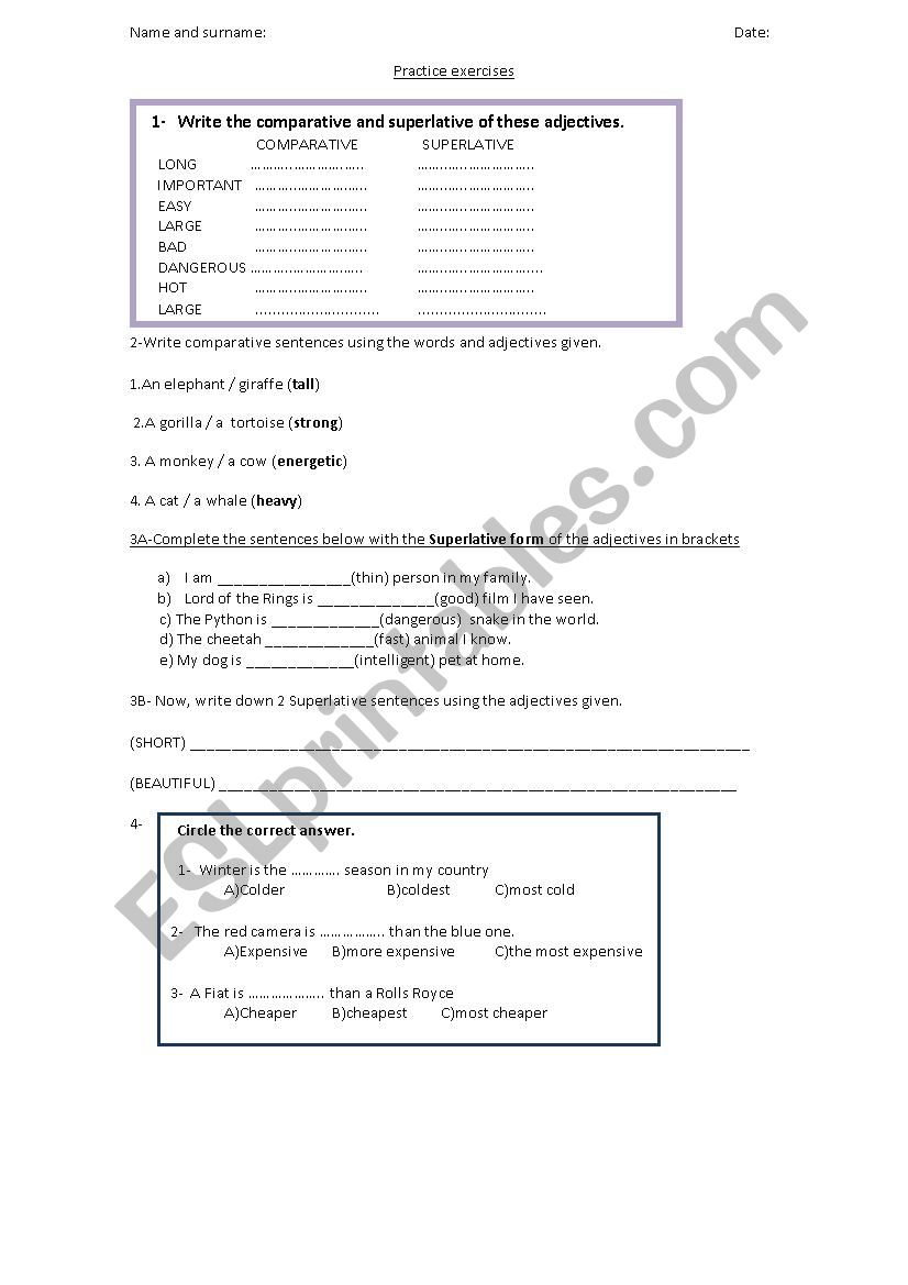 COMPARATIVES AND SUPERLATIVES PRACICE