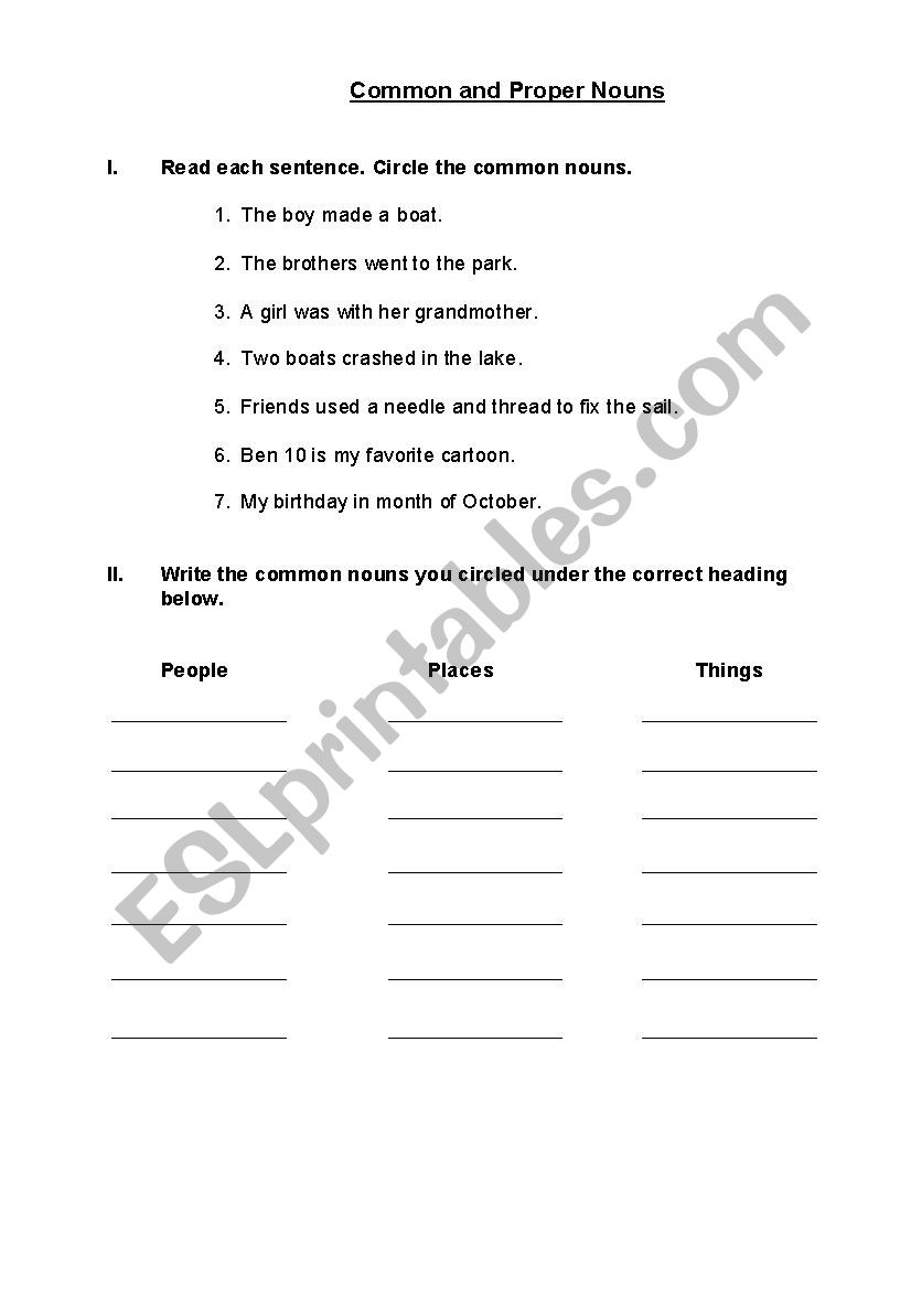 Common  Nouns worksheet