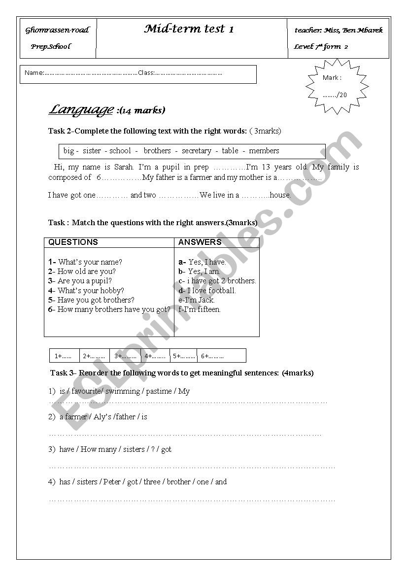 mid term test 1 7th form worksheet