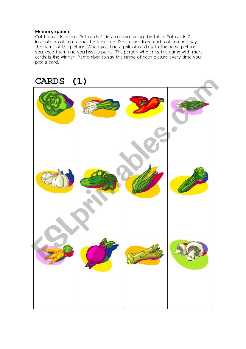 Food and drinks memory game worksheet