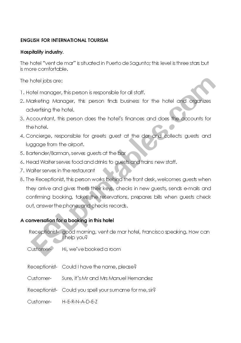 English For tourism worksheet
