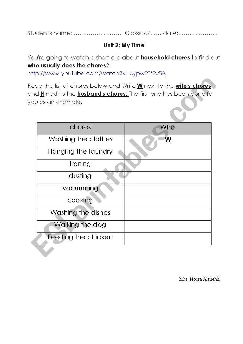 household chores  worksheet