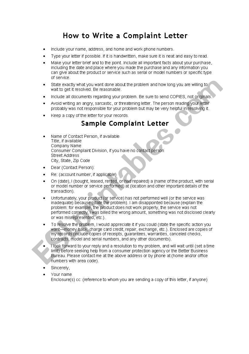 Complaint letter worksheet