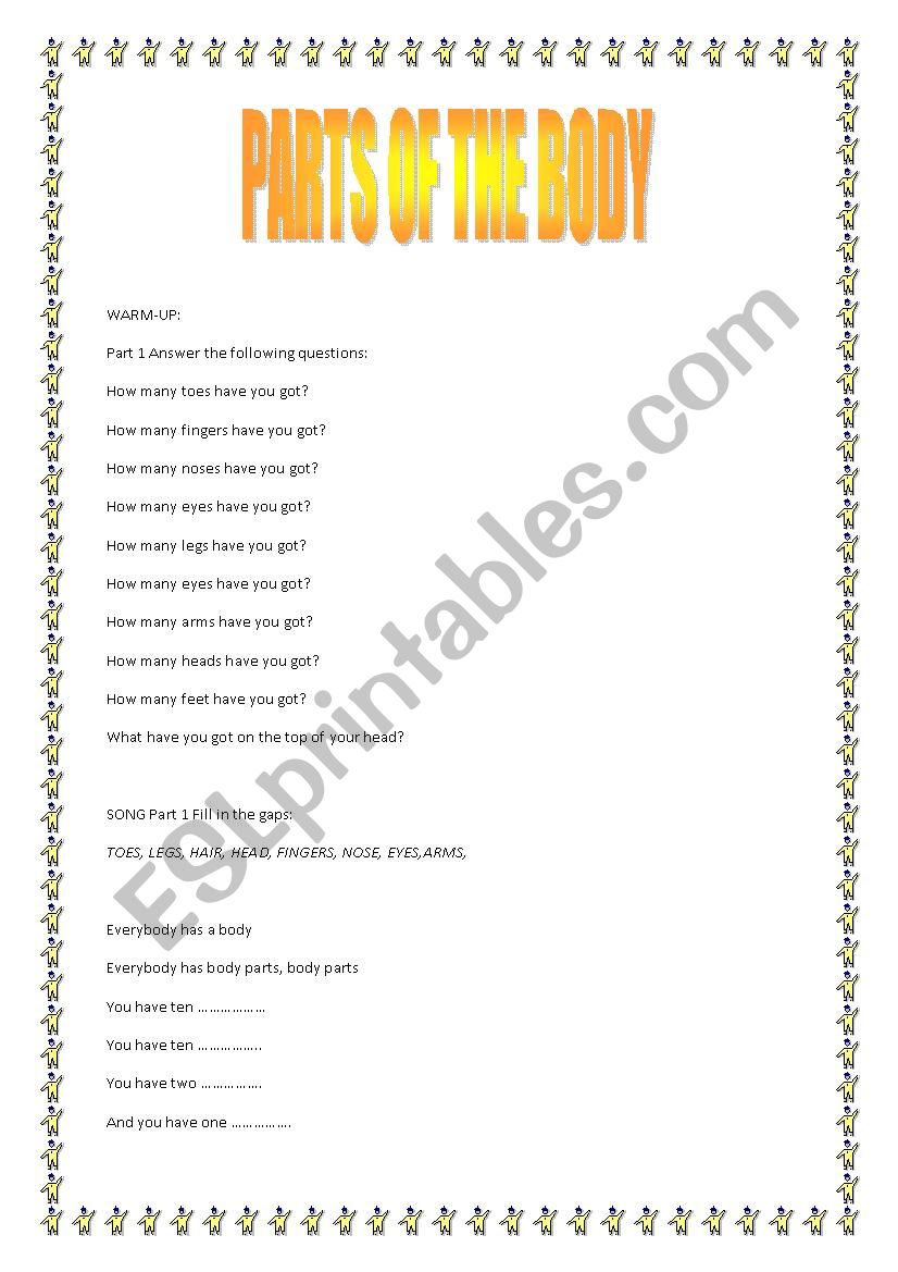 PARTS OF THE BODY- LESSON PLAN AND WORKSHEET TO THE SONG 